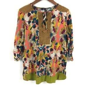 Tru Luxe Jeans Womens Top Medium Tunic Blouse Faux Leather Beaded 3/4 Sleeve